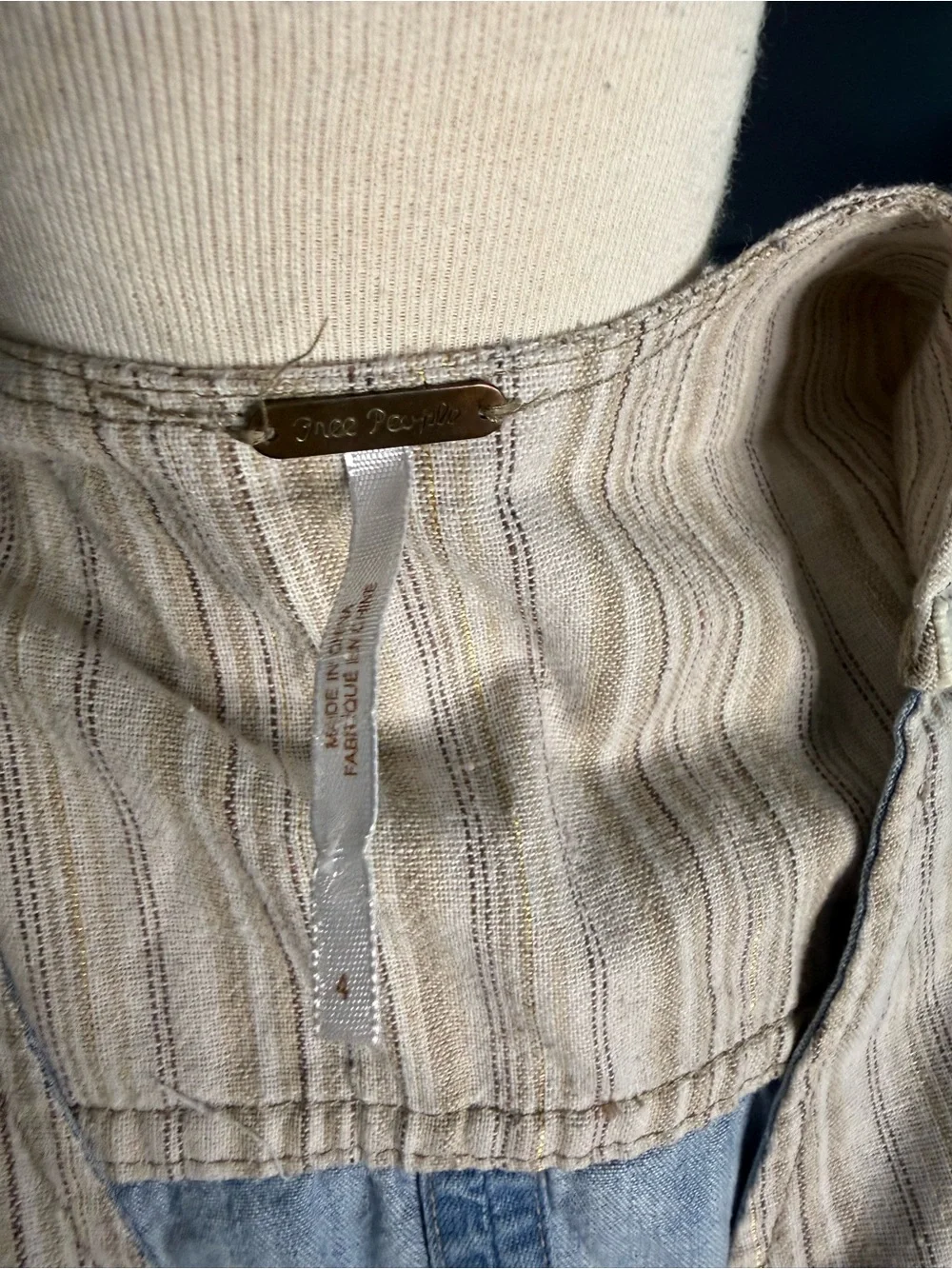 Free People Striped Cream and Light Blue Denim Overlay
